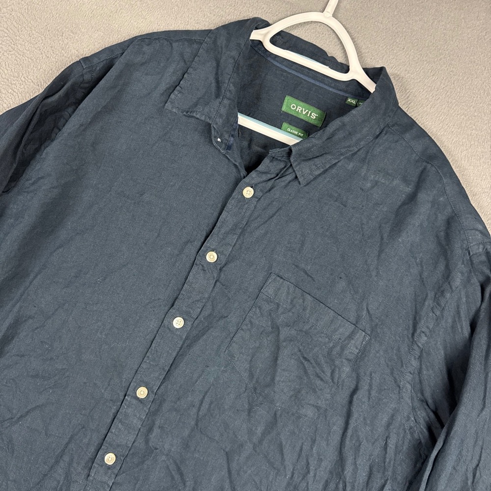 Orvis Shirt Mens XXL 2XL Navy Blue Classic Fit Linen Long Sleeve Pocket Button
